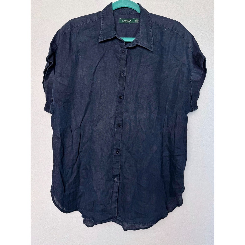 Lauren Ralph Lauren Button Down Shirt Women's XL‎ Navy Blue Normcore Minimalist